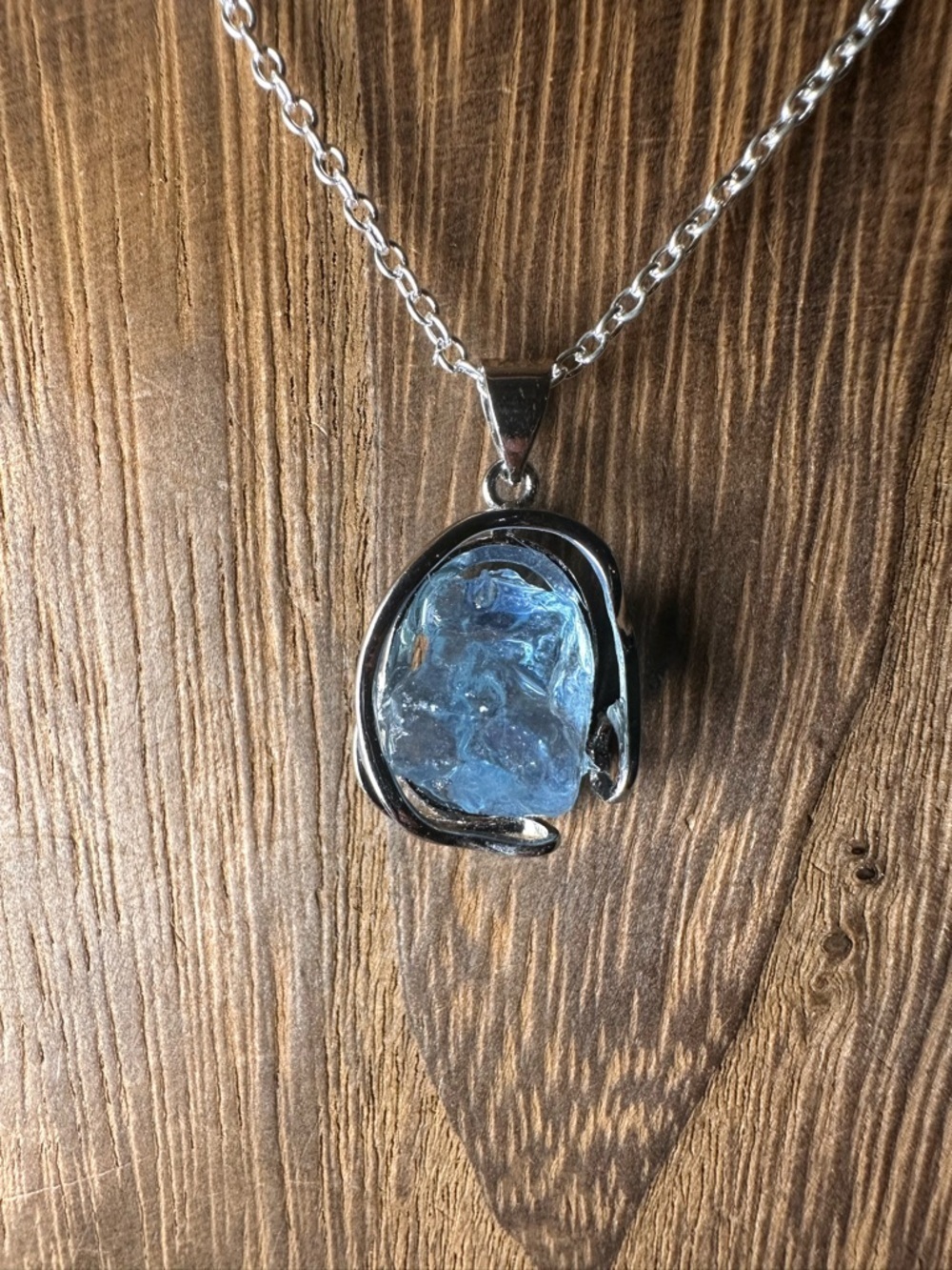 Blue Raw Stone Pendant Necklace - Silver Metal - Picture 7 of 16